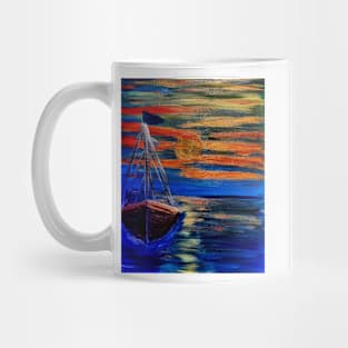 Out sailing at sunset. Red sky Mug